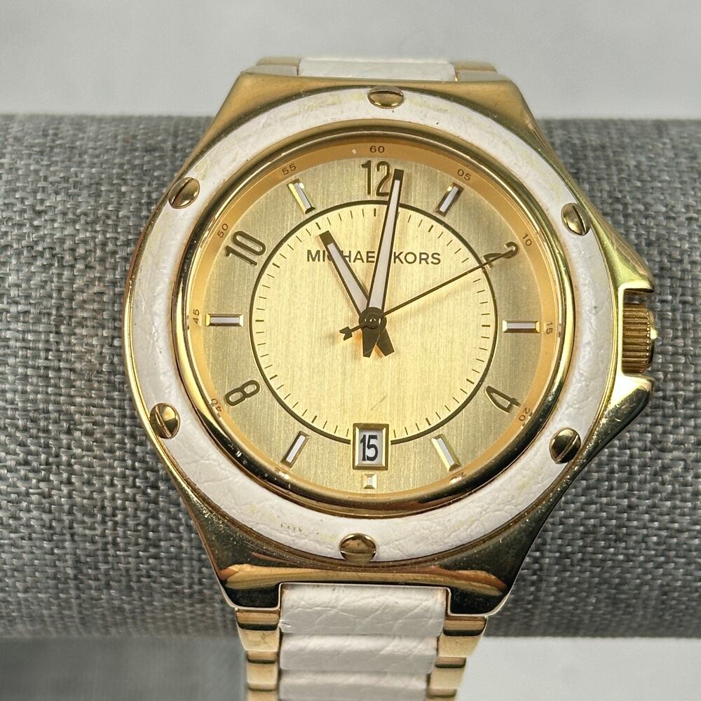 Michael Kors Watch Womens 39mm Date Leather Bezel Band Gold Tone New Battery
